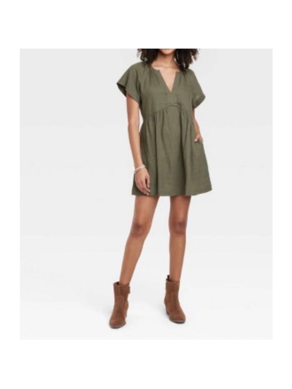 Olive Green V-Neck Mini Dress with Pockets 100% Cotton Size Medium PTP 20”